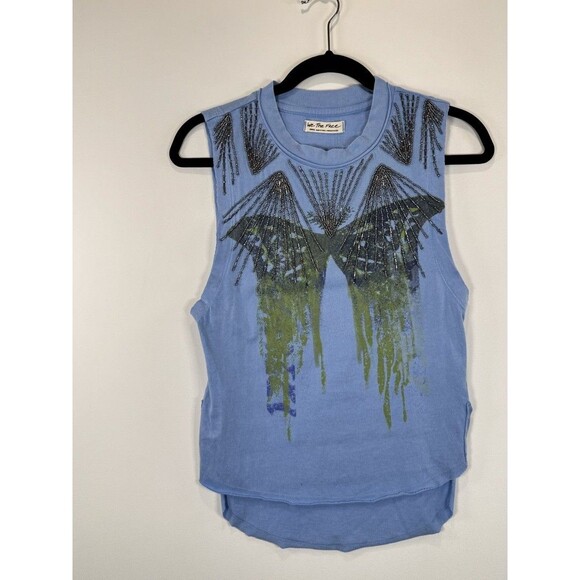 NWT We The Free People Womens Top Blue Butterfly Graphic Beaded Tank Y2K Small - Picture 6 of 11